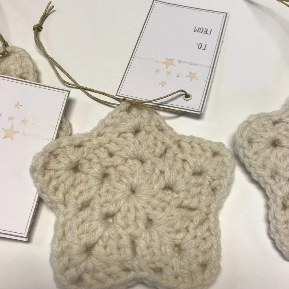 gift tag set of three neutral off white cream crocheted star with tags